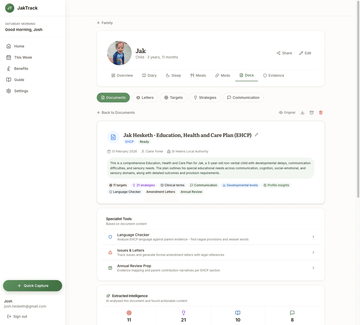 EHCP document analysis showing extracted targets, strategies, and specialist tools